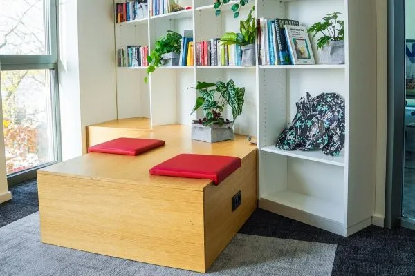 Holzbank mit roten Sitzkissen vor einem Bücherregal mit Pflanzen und Büchern