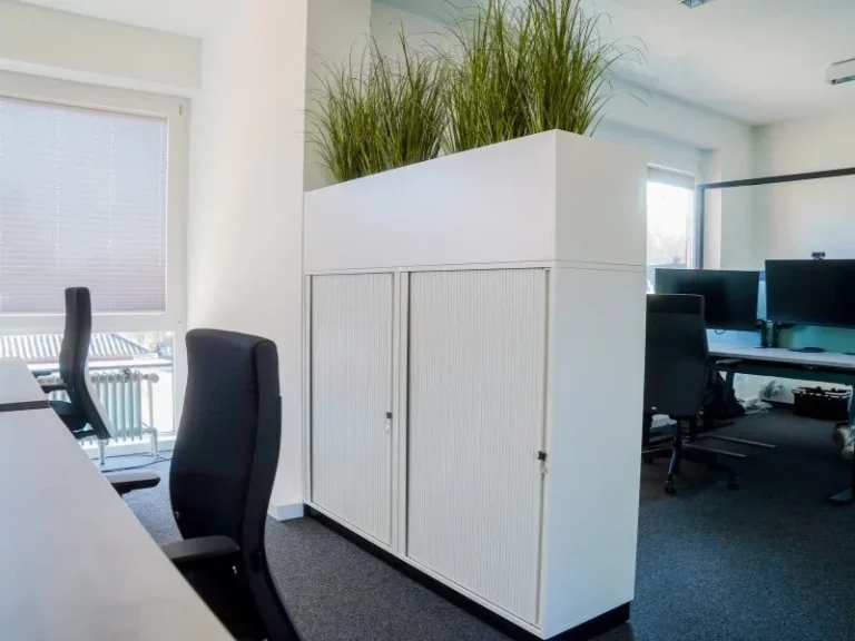Aktenschrank als Raumteiler mit Pflanzen, im Hintergrund Schreibtische mit Monitoren