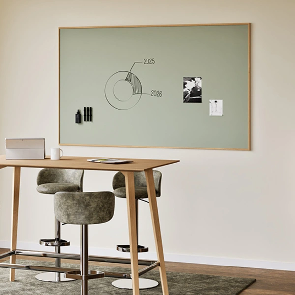 Modernes Chameleon Sharp Oak Whiteboard mit Holzrahmen, Diagramm und Notizen über einem Besprechungstisch mit Stühlen.